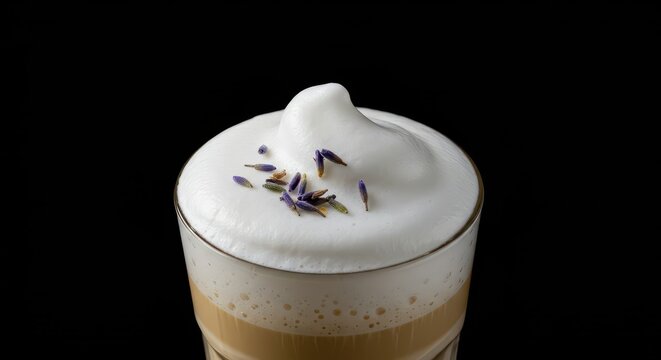 Creamy microfoam texture in a warm latte beverage, decorated with aromatic purple lavender buds, isolated on a deep black background, top view, coffee, floral