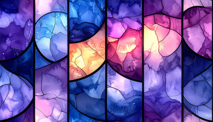 夕暮れ色のステンドグラスの水彩風イラスト背景_generated by AI