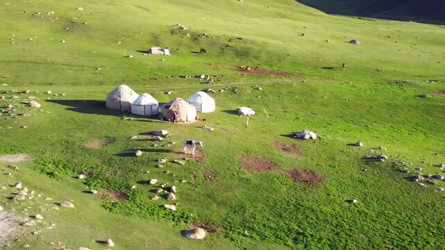 Low aerial circling shot of yurts in a mountain valley in Kyrgyzstan.