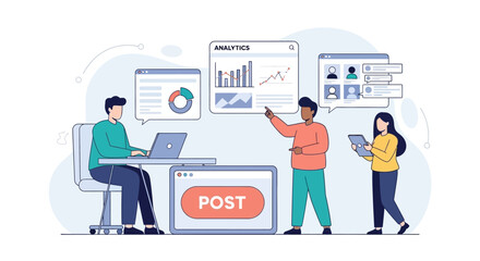 A diverse team collaborates on digital marketing strategies, analyzing data, creating content, and posting updates for business growth and online engagement.