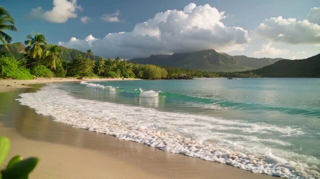 Waves crash on sandy beach at aero location during sunny afternoon with palm trees and mountains in the background