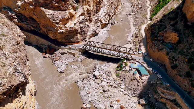 High Angle Aerial of Khab Sangam Dam with Rocky Riverbed