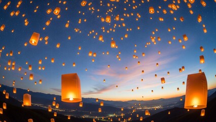 ランタン　夕焼け　夜空　風景