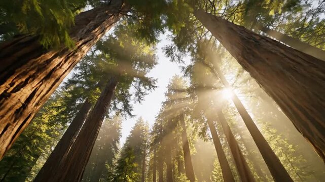 Sunlight filters through the tall trees in a serene forest, capturing the tranquility of nature from a low angle.