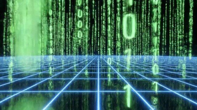 A futuristic digital landscape with binary code raining down on a grid floor, viewed from a low angle.