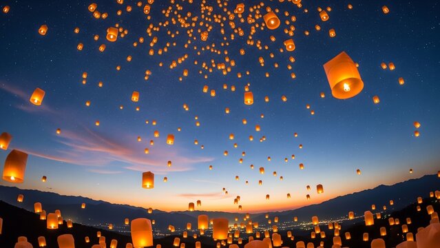ランタン　夕焼け　夜空　風景