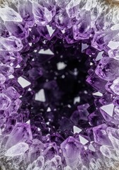 A close up macro shot of a naturally formed translucent purple amethyst geode revealing intricate facets and mineral deposits, rock, crystal, valuable
