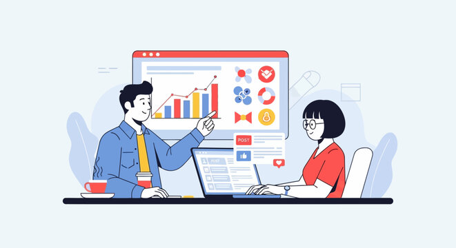 Two colleagues collaborate on a digital marketing project, analyzing data and optimizing online strategies for business growth.