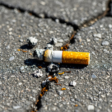 Close-up shot of a discarded cigarette butt with ash resting on a cracked asphalt surface, highlighting the common problem of littering