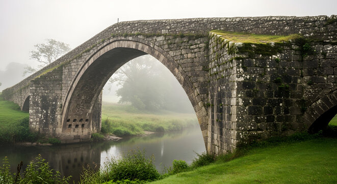 Old Stone Arch Bridge over River.
