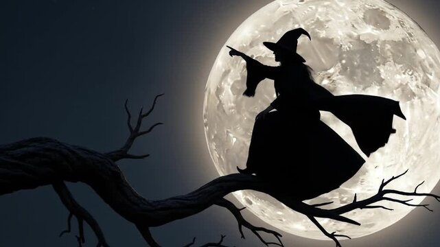 A silhouette of a witch sitting on a twisted tree branch, holding a broomstick, set against a large moonlit background. Perfect for Halloween, fantasy illustrations, and spooky decorations.