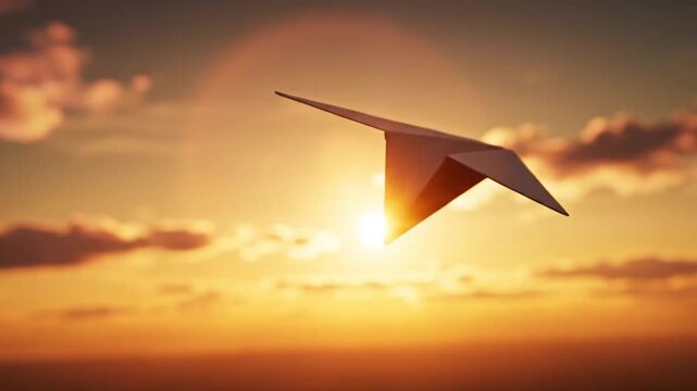 A paper airplane glides effortlessly across a radiant sky, bathed in the warm glow of sunset, creating a sense of freedom and aspiration