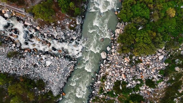 Drone Shot of Rocky Riverbed and Baspa River in Himalayan Valley