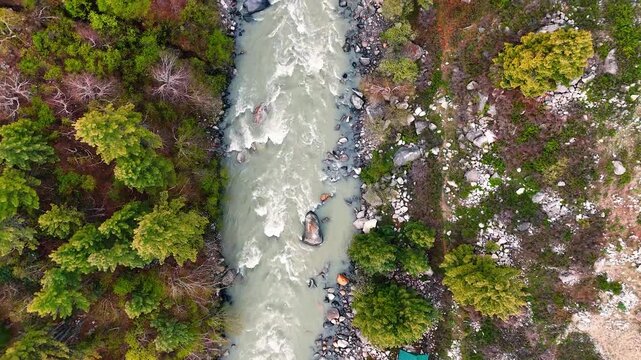 Aerial View of Fast Flowing Baspa River in Chitkul, Himachal Pradesh