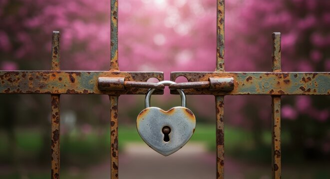 Vintage rusted gate secured by a romantic heart lock, set against a blurred background of vibrant pink spring blossoms, iron, spring, traditional