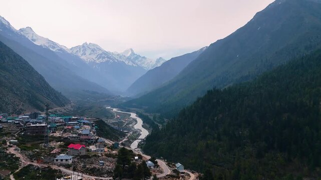Wide Drone Shot of Chitkul Valley and Baspa River, Himalayan Landscape