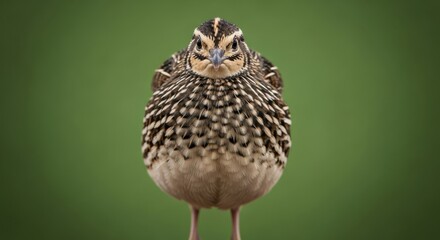 A small bird standing upright on a green background, viewed from the front with detailed feathers and a distinctive beak