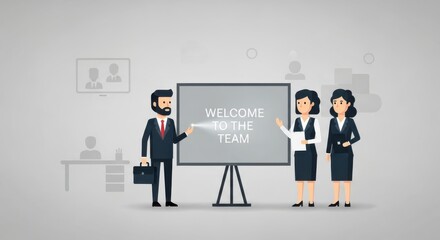 Fototapeta premium Business professionals standing near a presentation board with welcome message in a modern office setting from a slightly elevated viewpoint