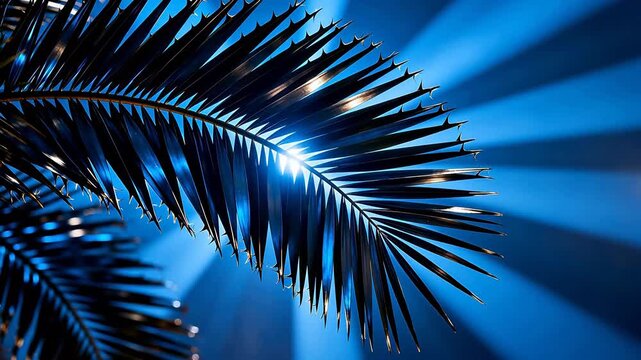 Palm leaf illuminated by blue light