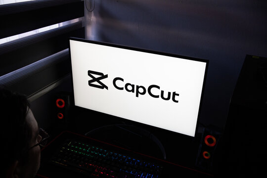 Punta Arenas, Chile &ndash; February 10, 2026: A PC monitor displaying the CapCut logo on a white background at a professional workstation