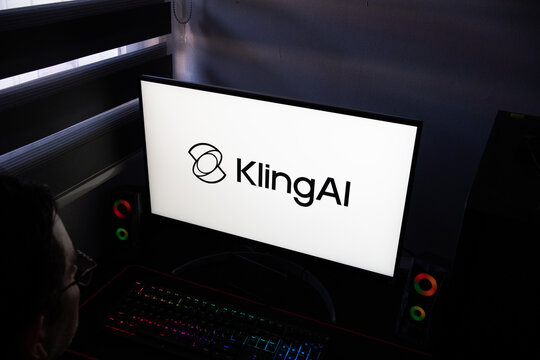 Punta Arenas, Chile &ndash; February 10, 2026: A PC monitor displaying the Kling AI logo on a white background at a professional workstation