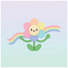 Cartoon Flower Character with Rainbow Wings.