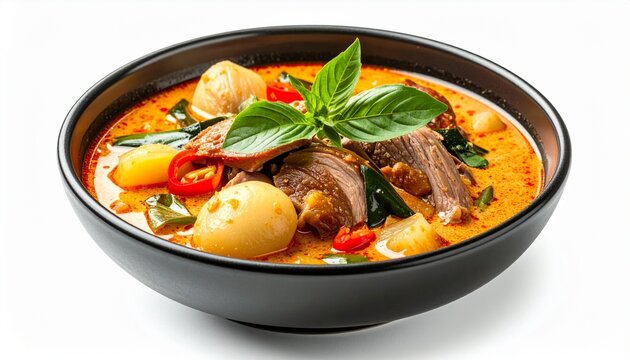 Traditional thai red curry with pork and basil leaves