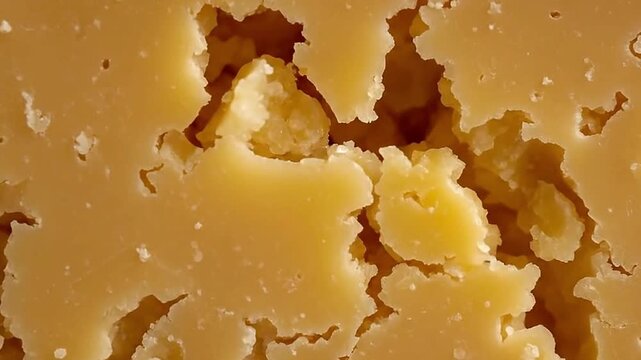 A captivating macro shot reveals the intricate, textured surface of a natural, aged dairy product. The golden-yellow substance displays an array of irregular holes, fissures, and granular details, cre