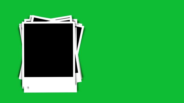 Blank polaroid photo frames stacking on the left side, isolated on green screen chroma background.