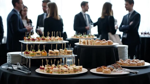Catering table with assorted appetizers and people in suits blurred in the background