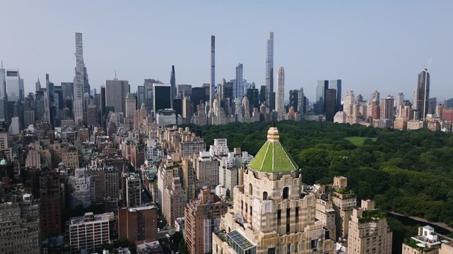 Aerial view over Lenox hill, toward Central park and Billionaires row in sunny NYC
