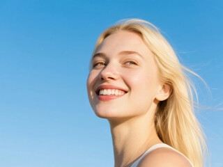 Woman Laughing and Smiling with Clean Blue Sky
