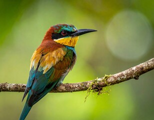 Obraz premium A vibrant European bee-eater perched on a branch with a blurred green background, showcasing its colorful plumage and distinctive black beak.