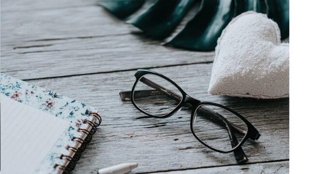 Styled desktop with glasses, floral notebook, heart pillow, and leaf on rustic wood