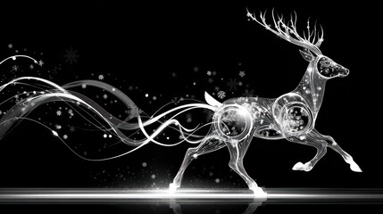 Fototapeta premium Elegant white reindeer with flowing abstract lines on a dark background, digital art