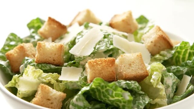 Close-up of a Caesar salad in a white bowl, with croutons, cheese, and dressing