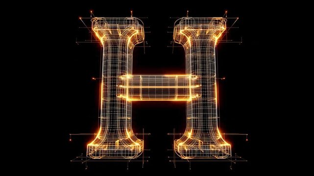 Glowing orange wireframe letter H on black background