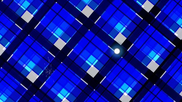 A high-speed camera captures a mesmerizing pattern of blue squares with moire effect and abstract shapes from a bird's eye view
