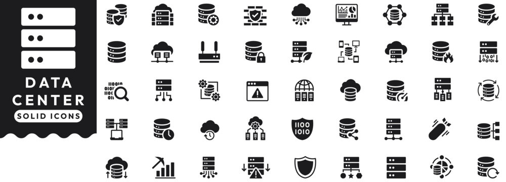Data Center Icons set vector illustration with collection of secure database, storage system, firewall, cloud computing, dashboard, network, volume, maintenance, virtualization, router, security.  