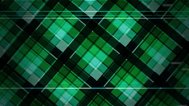 Dynamic tartan pattern with moire effect in green hues, abstract motion graphics