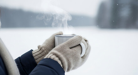 Person in Gloves Holding Hot Cup of Coffee in Winter Outdoors