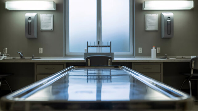 Sterile forensic lab interior with stainless steel medical table