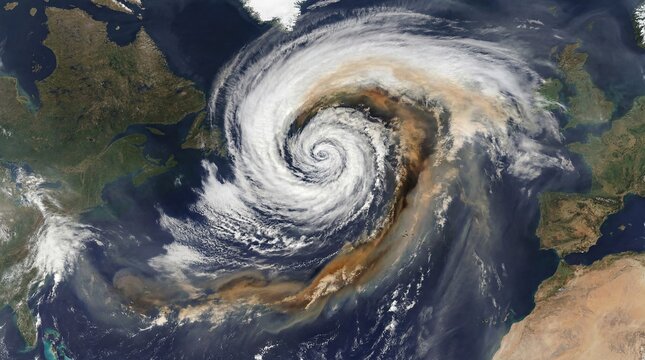 Satellite View of Massive Hurricane Swirl over Atlantic Ocean, Global Climate Change and Extreme Weather Patterns Concept