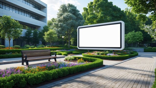 Modern Urban Park Landscape with Blank Digital Billboard Mockup and Garden Bench