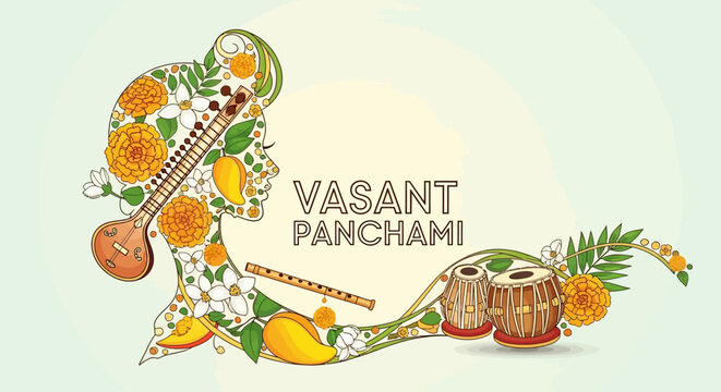 Illustration of Vasant Panchami celebration with Goddess Saraswati's symbolic items, flowers, and musical instruments on a blooming background, representing Indian culture and Hinduism.