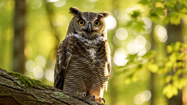 Brown owl perched on tree branch.