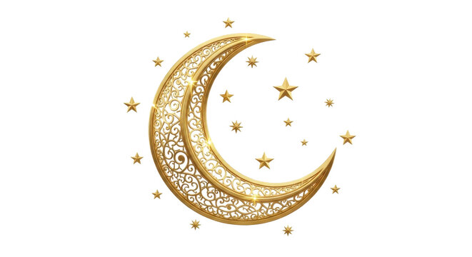 Golden crescent moon with stars isolated on transparent background