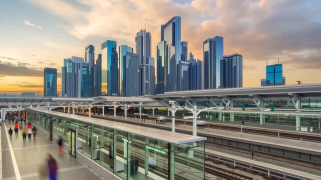 City Skyline with Train Station Platform.