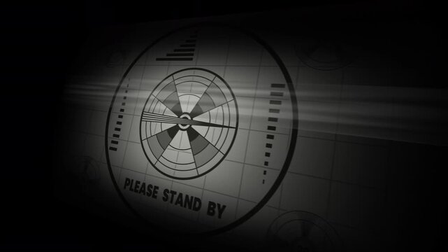 Please stand by screen fallout television displays a please stand by image on screen. television for use in video editing, multimedia projects, online streaming, broadcasting, and tv production