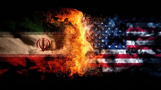 Flags of Iran and USA. Crack between state symbols. Concept of political conflict with USA. Severance of relations with Iran. Patriotic banners of USA and Iran. Diplomatic relations